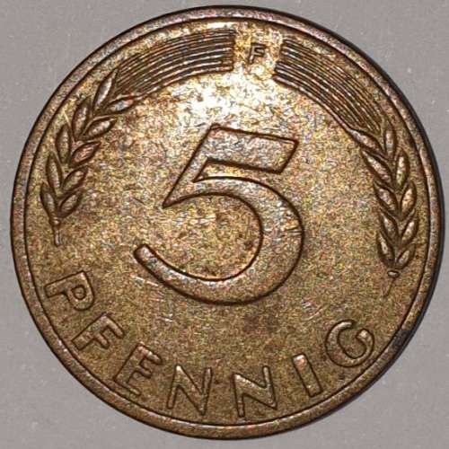 1950 F - 5 PFENNIG - FIVE PFENNIG - GERMANY - FEDERAL REPUBLIC - (Brass Clad Steel)